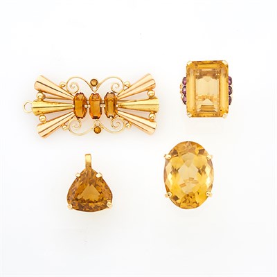 Lot 1081 - Two-Color Gold and Citrine Brooch, Two Rings and Pendant