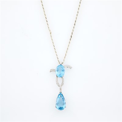 Lot 1094 - White Gold, Aquamarine and Diamond Pendant with Sterling Silver Chain