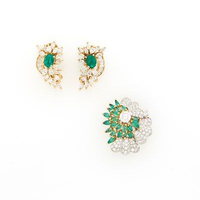 Lot 1264 - Pair of Gold, Emerald and Diamond Earclips and Two-Color Gold, Diamond and Emerald Flower Enhancer