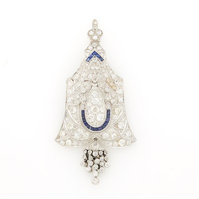 Lot 1127 - Platinum, Diamond and Sapphire Fringe Pendant-Brooch