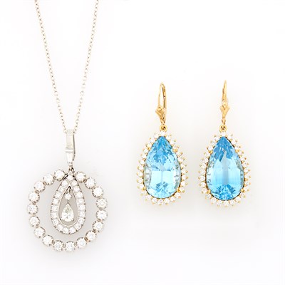 Lot 1107 - Platinum and Diamond Pendant with White Metal Chain and Pair of Two-Color Gold, Blue Topaz and Diamond Pendant-Earrings