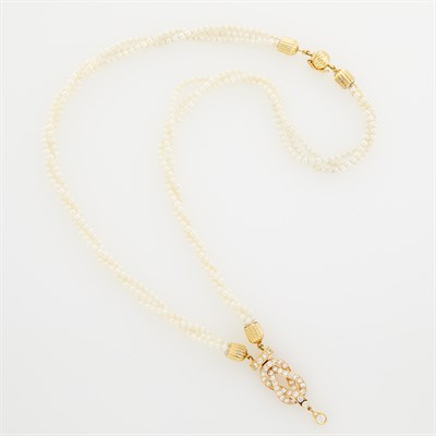 Lot 250 - Triple Strand Cultured Pearl, Gold and Diamond Pendant-Necklace