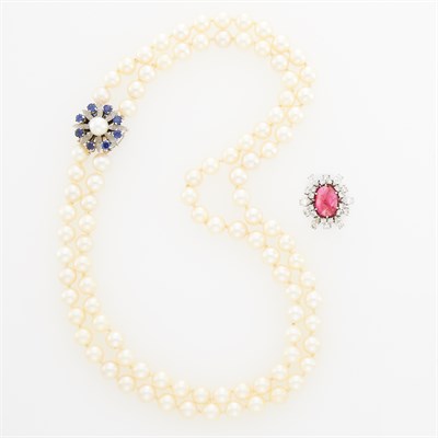 Lot 237 - Double Strand Cultured Pearl Necklace with Cultured Pearl and Sapphire Clasp and Cabochon Synthetic Ruby and Diamond Ring