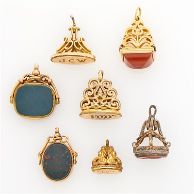 Lot 247 - Antique Silver and Carnelian Intaglio Fob and Six Gold and Hardstone Fobs