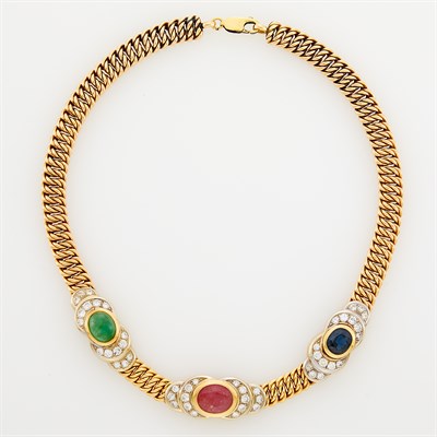 Lot 239 - Two-Color Gold, Ruby, Sapphire, Cabochon Emerald and Diamond Necklace