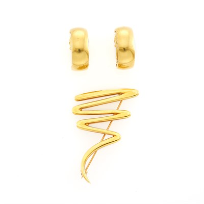 Lot 1004 - Tiffany & Co. Pair of Gold Hoop Earclips and Paloma Picasso 'Scribble' Brooch