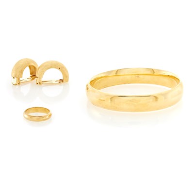 Lot 1009 - Gold Band Ring, Bangle Bracelet and Pair of Earclips
