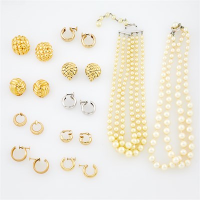 Lot 1245 - Group of Costume Jewelry and Two Pairs of Gold Hoop Earclips