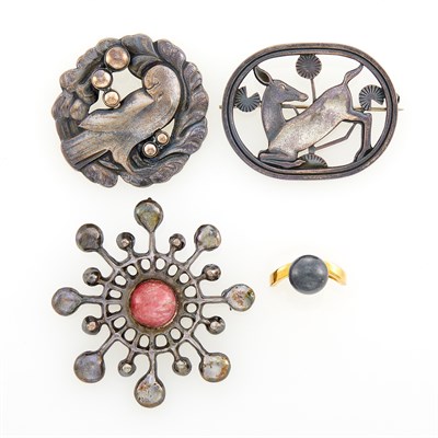 Lot 1236 - Three Silver Brooches and Gold and Lacquer Ring