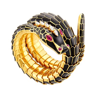 Lot 113 - Bulgari Gold, Black Enamel, Diamond and Ruby Snake Bracelet