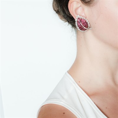 Lot 60 - Pair of Platinum, Gold, Ruby and Diamond Leaf Earclips