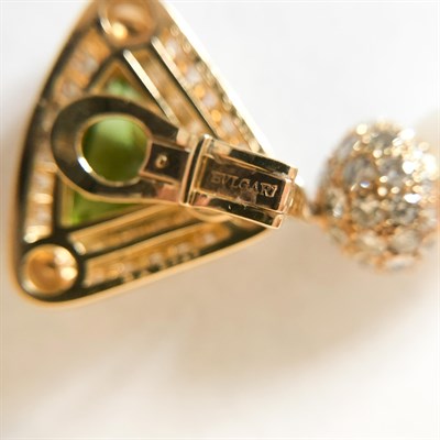 Lot 70 - Bulgari Pair of Gold, Cabochon Peridot, Diamond and South Sea Cultured Pearl Pendant-Earclips