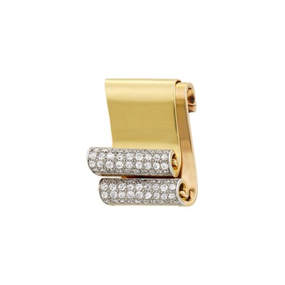 Lot 107 - Cartier Two-Color Gold, Platinum and Diamond Scroll Clip