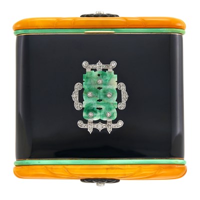 Lot 122 - Black Starr & Frost Gold, Platinum, Black Enamel, Carved Jade, Diamond and Amber Case