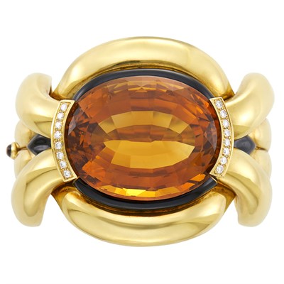 Lot 105 - Gold, Citrine, Black Enamel and Diamond Cuff Bangle