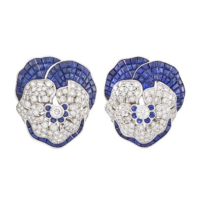 Lot 51 - Pair of Platinum, Invisibly-Set Sapphire and Diamond Pansy Brooches