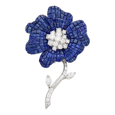 Lot 139 - Oscar Heyman Brothers Platinum, Invisibly-Set Sapphire and Diamond Flower Clip-Brooch