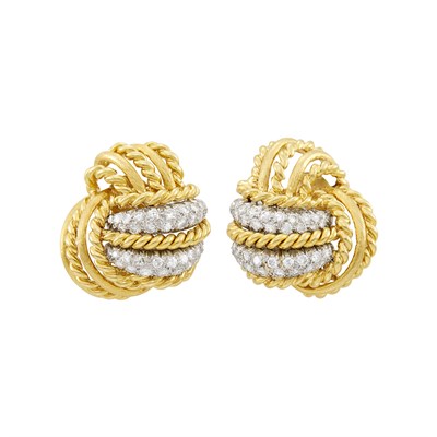 Lot 6 - David Webb Pair of Gold, Platinum and Diamond Knot Earclips