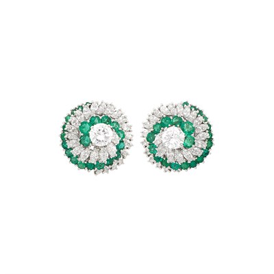 Lot 55 - Pair of Platinum, Diamond and Emerald Earclips