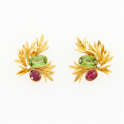 Lot 1016 - Pair of Gold, Peridot, Pink Tourmaline and Diamond Earclips