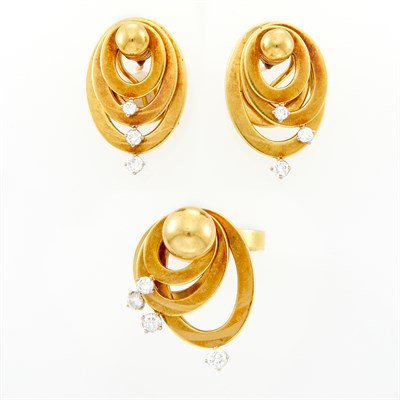 Lot 1038 - Pair of Gold and Diamond Spinning Earrings and Ring