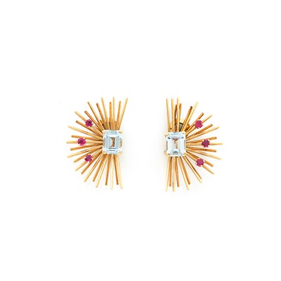 Lot 1068 - Pair of Gold, Aquamarine and Ruby Earclips