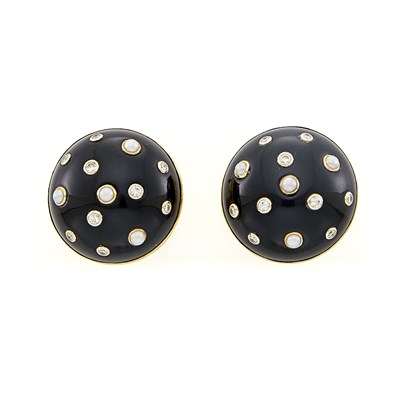 Lot 1033 - Trianon Pair of Gold, Black Onyx, Diamond and Split Pearl Earclips