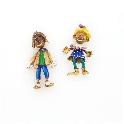Lot 1165 - Martine Two Gold, Enamel and Ruby Clown Brooches