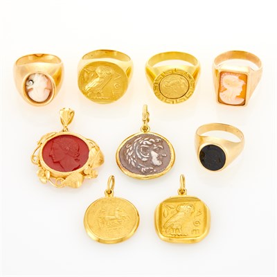 Lot 88 - Five Gold, Silver Coin, Gem-Set Intaglio, Cameo and Diamond Rings and Four Pendants