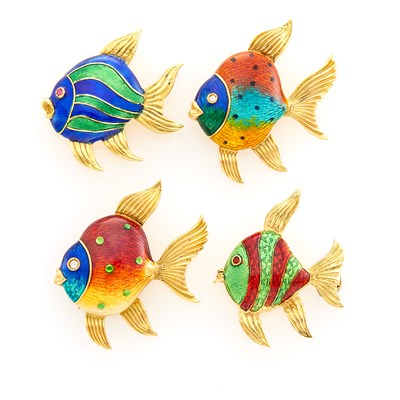 Lot 1057 - Four Gold and Enamel Fish Pins