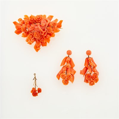 Lot 1159 - Antique Carved Coral Brooch and Pair of Earrings