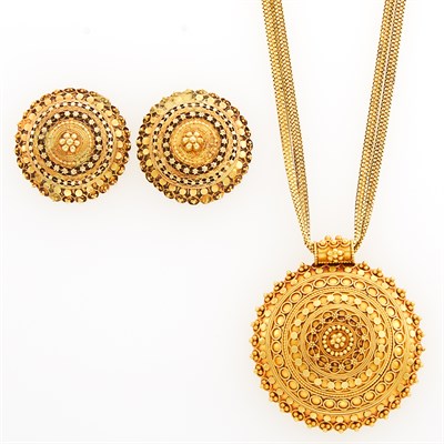 Lot 1194 - Gold Pendant with Double Strand Gold Chain and Pair of Earrings