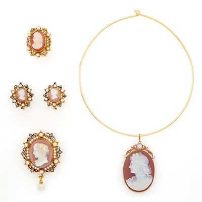 Lot 1152 - Group of Antique Gold, Hardstone Cameo, Split Pearl and Diamond Jewelry and Gold Torque Necklace