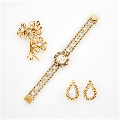 Lot 1071 - Triple Strand Gold, Cultured Pearl and Sapphire Wristwatch, Cultured Pearl Flower Brooch and Pair of Mabé Pearl Earrings