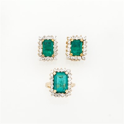Lot 1260 - Gold, Emerald and Diamond Ring and Pair of Earrings