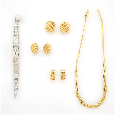 Lot 1188 - Gold Necklace, Three Pairs of Earrings and White Gold Bracelet-Watch