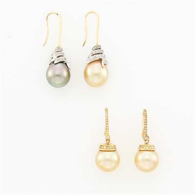 Lot 1269 - Two Pairs of Two-Color Gold, Golden and Gray Cultured Pearl and Diamond Earrings