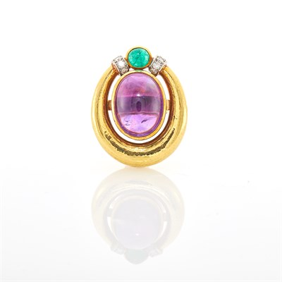 Lot 1003 - Hammered Gold, Platinum, Cabochon Amethyst, Emerald and Diamond Ring