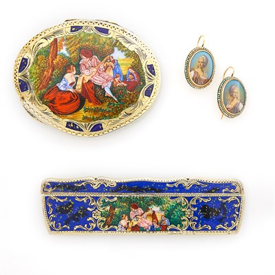 Lot 1160 - Pair of Antique Gold and Portrait Miniature Earrings, Silver and Enamel Comb with Case and Compact
