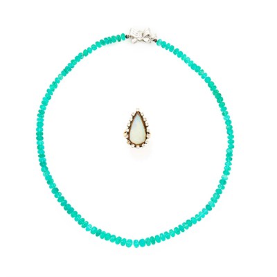 Lot 1256 - Gold, Opal and Diamond Ring and White Gold and Emerald Bead Necklace