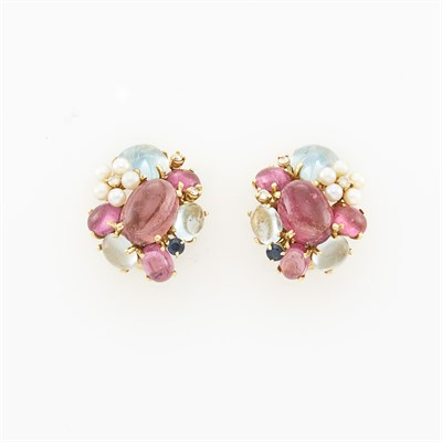 Lot 1014 - Pair of Gold, Gem-Set, Cultured Pearl and Diamond Cluster Earclips