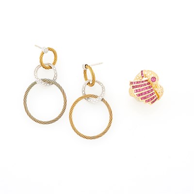 Lot 1275 - Charriol Pair of Gold, Stainless Steel and Diamond Triple Hoop Earrings and Gold, Ruby and Diamond Swan Ring