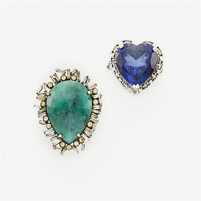 Lot 1114 - White Gold, Diamond and Synthetic Sapphire Ring and Silver and Gem-Set Ring