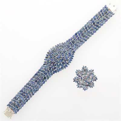 Lot 1111 - Rhodium-Plated Silver and Sapphire Ring and Bracelet