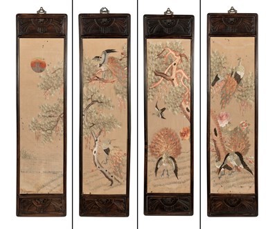 Lot 428 - Four Chinese Embroidered Silk and Hardwood...