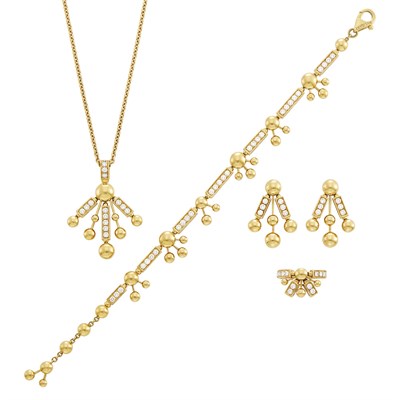 Lot 69 - Bulgari Gold and Diamond Pendant-Necklace, Bracelet, Pair of Pendant-Earrings and Ring
and Ring