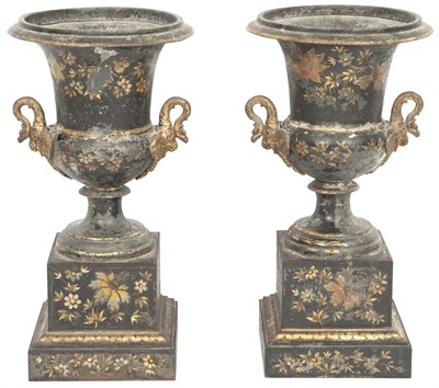 Lot 302 - Pair of French Gilt-Decorated Tôle-Peinte Urns...