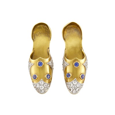 Lot 26 - Paul Flato Pair of Gold, Platinum, Diamond and Sapphire Shoe Brooches