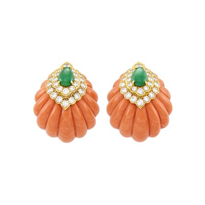 Lot 73 - Pair of Gold, Carved Coral, Jade and Diamond Earclips