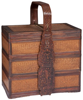 Lot 101 - A Chinese Wood, Bamboo and Basketry Picnic Box...